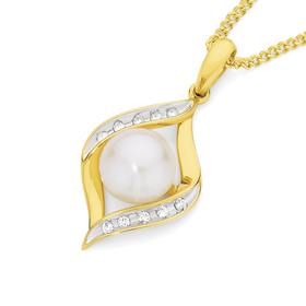 9ct+Gold+Cultured+Fresh+Water+Pearl+%26amp%3B+Diamond+Crossover+Pendant