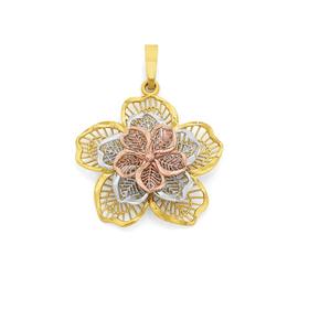 9ct+Gold+Tri+Tone+Triple+Flower+Pendant