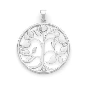 Silver+Cubic+Zirconia+Tree+Of+Life+Circle+Pendant