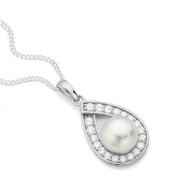 Silver+Cultured+Fresh+Water+Pearl+%26amp%3BCubic+Zirconia+Pear+Loop+Pendant