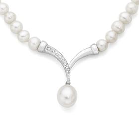 Silver+Cultured+Fresh+Water+Pearl+Cubic+Zirconia+Drop+Necklet