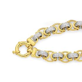 9ct+Gold+Two+Tone+19cm+Solid+CZ+Belcher+Bracelet