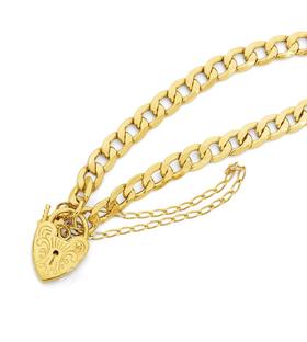 9ct+Gold+19cm+Hollow+Bevelled+Curb+Padlock+Bracelet