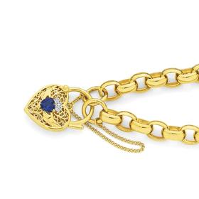 9ct+Gold+20cm+Belcher+Created+Sapphire+%26amp%3B+Diamond+Claddagh+Padlock+Bracelet