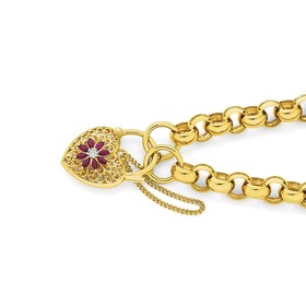 9ct+Gold+19cm+Belcher+Diamond+%26amp%3B+Created+Ruby+Padlock+Bracelet