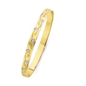 9ct-Gold-Two-Tone-65mm-Solid-Flower-Engraved-Bangle on sale