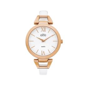 Elite+Ladies+Rose+Tone+Rounds+White+Dial+Leather+Strap+Watch