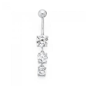 Sterling-Silver-Stainless-Steel-Three-Round-Cubic-Zirconia-Drop-Belly-Bar on sale