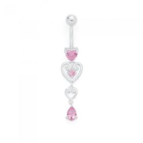 Silver+%26amp%3B+Stainless+Steel+Pink+CZ+Filigree+Heart+Drop+Belly+Bar