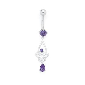 Silver+%26amp%3B+Stainless+Steel+Purple+CZ+Fancy+Filigree+Pear+Drop+Belly+Bar