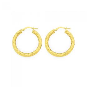 9ct+Gold+on+Silver+15mm+Diamond+Cut+Hoop+Earrings