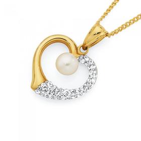 9ct+Gold+on+Silver+Pearl+%26amp%3B+Crystal+Heart+Pendant