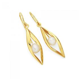 9ct+Gold+on+Silver+Created+Fresh+Water+Pearl+Marquise+Drop+Earrings