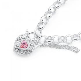 Sterling-Silver-Pink-Cubic-Zirconia-Belcher-Padlock-Bracelet on sale