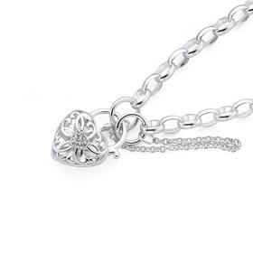 Silver-Cubic-Zirconia-Filigree-Heart-Padlock-Bracelet on sale