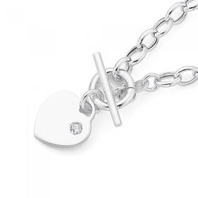 Sterling+Silver+Oval+Belcher+With+Cubic+Zirconia+Heart+FOB+Bracelet+19cm