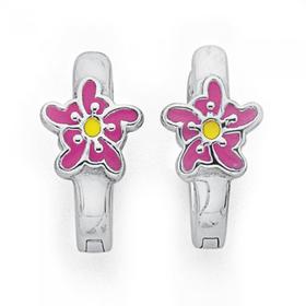 Sterling+Silver+Pink+%26+Green+Enamel+Flower+Huggies