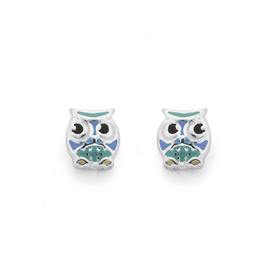 Silver-Blue-Enamel-Owl-Stud-Earrings on sale