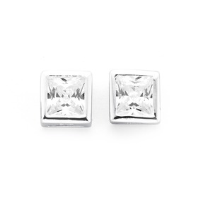 Silver+6mm+Square+Bezel+Cubic+Zirconia+Studs