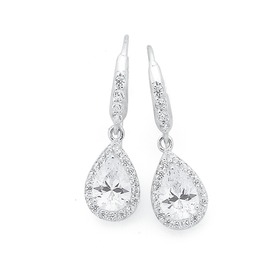 Silver+Pear+CZ+Cluster+Hook+Drop+Earrings