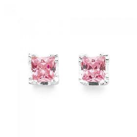 Sterling+Silver+Square+Pink+Cubic+Zirconia+Studs