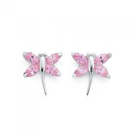Sterling+Silver+Pink+Cubic+Zirconia+Dragonfly+Earrings