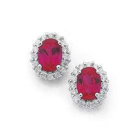 Silver-Oval-Red-Cubic-Zirconia-Cluster-Earrings on sale