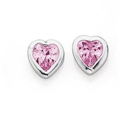 Sterling+Silver+Pink+Cubic+Zirconia+Heart+Studs