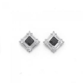 Sterling+Silver+Black+Cubic+Zirconia+Off+Square+Stud+Earrings