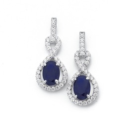 Silver+Oval+Dark+Blue+Cubic+Zirconia+Pear+Twist+Earrings