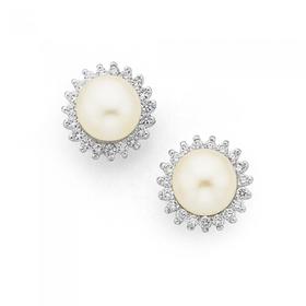 Sterling-Silver-Freshwater-Pearl-Cubic-Zirconia-Cluster-Earrings on sale