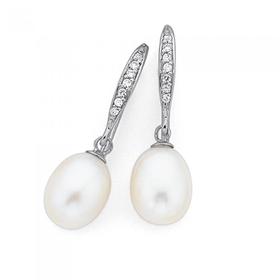 Sterling-Silver-Freshwater-Pearl-Cubic-Zirconia-Hook-Earrings on sale