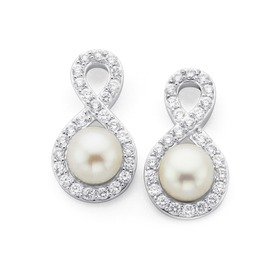 Silver+Cultured+Fresh+Water+Pearl+%26amp%3B+Cubic+Zirconia+Earrings