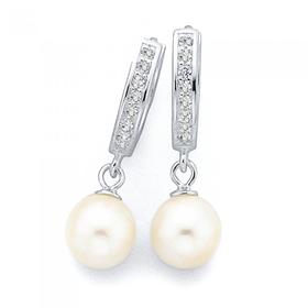 Sterling+Silver+Freshwater+Pearl+%26amp%3B+Cubic+Zirconia+Hoop+Earrings