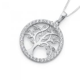 Silver-Cubic-Zirconia-Round-Tree-of-Life-Pendant on sale