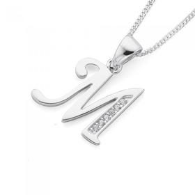 Sterling+Silver+Cubic+Zirconia+Initial+M+Letter+Pendant