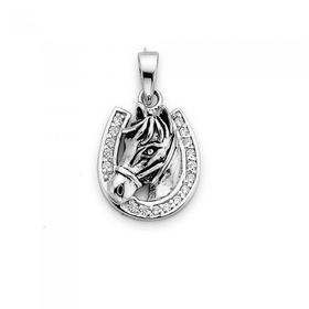 Silver-CZ-Horse-Horsehoe-Pendant on sale