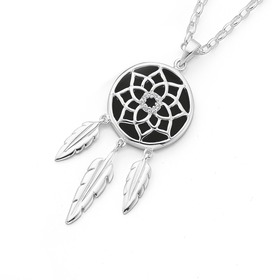 Silver+Onyx+Flower+%26amp%3B+Cubic+Zirconia+Dream+catcher+Pendant