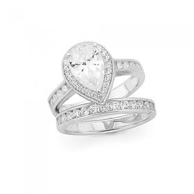 Silver-Pear-Cubic-Zirconia-Halo-Wedder-Set-Ring on sale