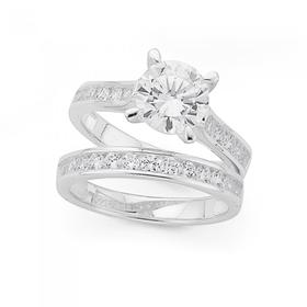 Silver-Four-Claw-Cubic-Zirconia-Solitaire-Wedder-Set-Ring on sale