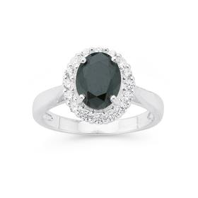 Silver-Oval-Black-Cubic-Zirconia-Cluster-Ring on sale