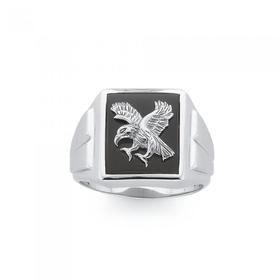 Silver+Black+Agate+Eagle+Signet+Ring