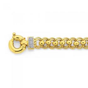 9ct+Gold+19cm+Solid+Double+Rollo+Bolt+Ring+Bracelet+with+Diamond+Accents