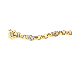 9ct+Gold%2C+19cm+Belcher+Bracelet+with+Bolt+Ring+and+Cubic+Zirconia+Accents