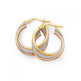 9ct+Gold+15mm+Tri+Tone+Triple+Hoop+Earrings