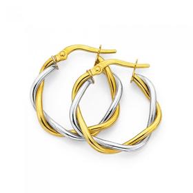 9ct+Gold+Two+Tone+15mm+Entwined+Twist+Hoop+Earrings