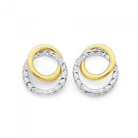 9ct+Gold+Two+Tone+Diamond-cut+Double+Circle+Stud+Earrings