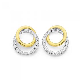 9ct-Gold-Two-Tone-Diamond-cut-Double-Circle-Stud-Earrings on sale