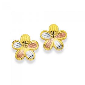 9ct+Gold+Tri+Tone+Flower+Stud+Earrings