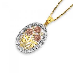 9ct-Gold-Tri-Tone-Triple-Rose-Oval-Pendant on sale